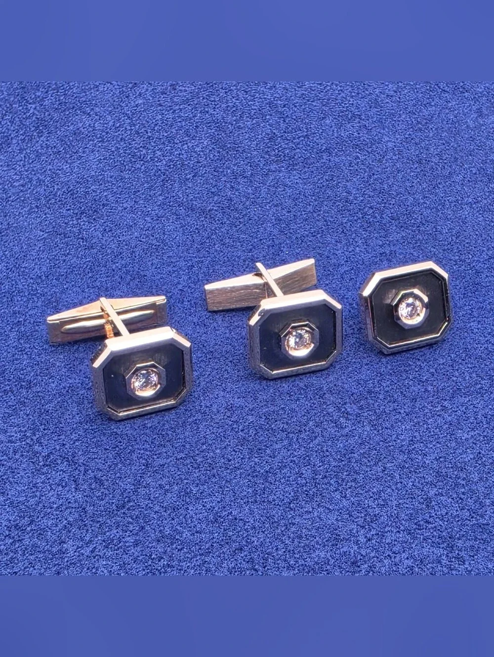 Vintage LeMans 14k Gold Diamond Cufflinks & Tie Tack Shirt Stud Tuxedo Dress Set